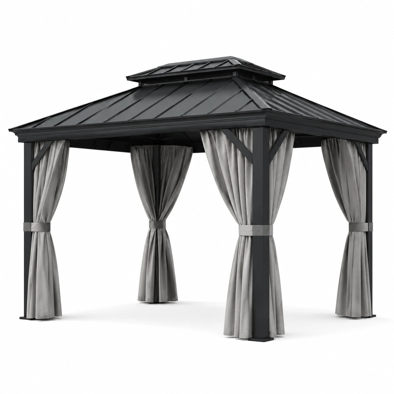 Pavillon en aluminium avec toit en acier et rideaux en polyester gris