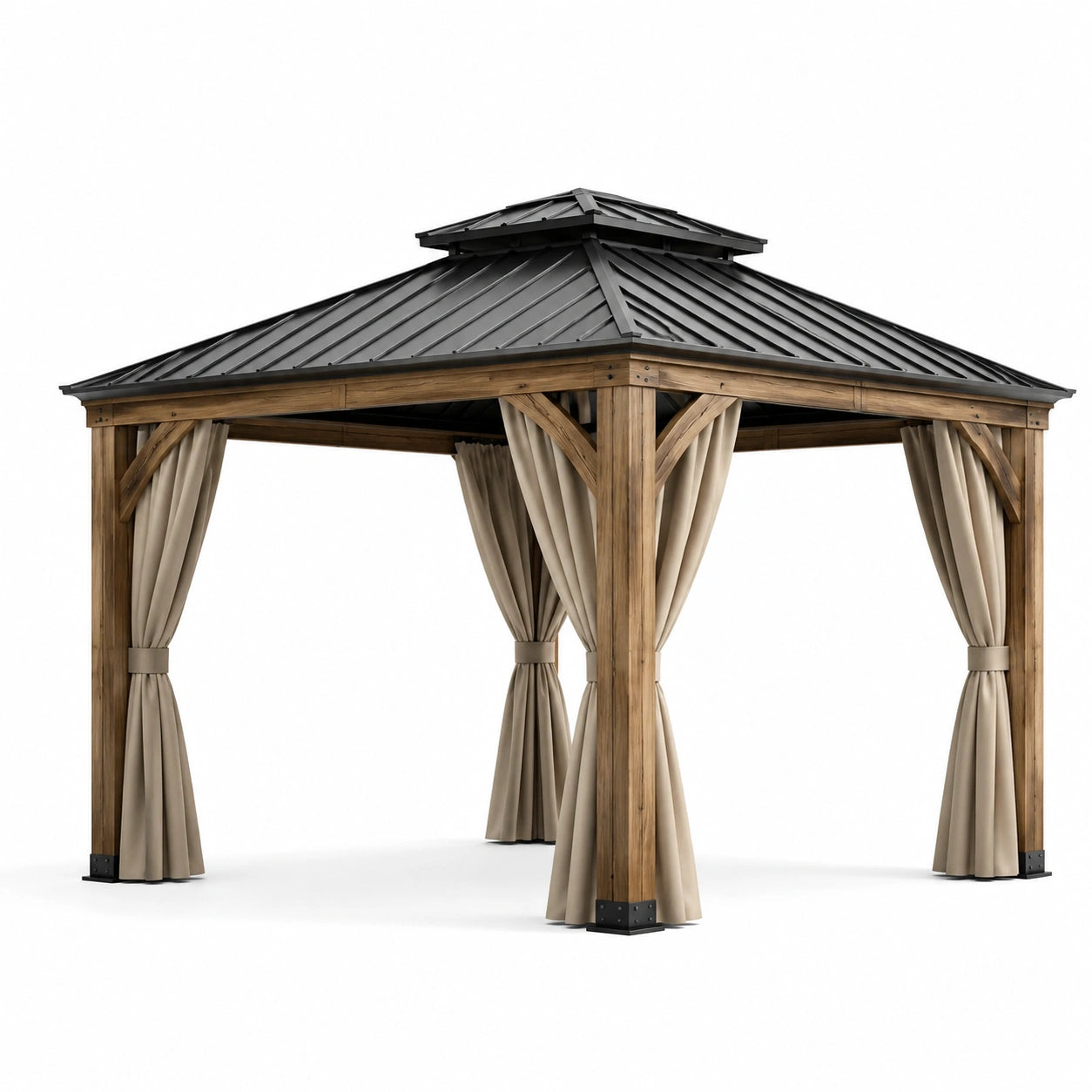 Pavillon en bois et acier avec rideaux beiges 3x3m
