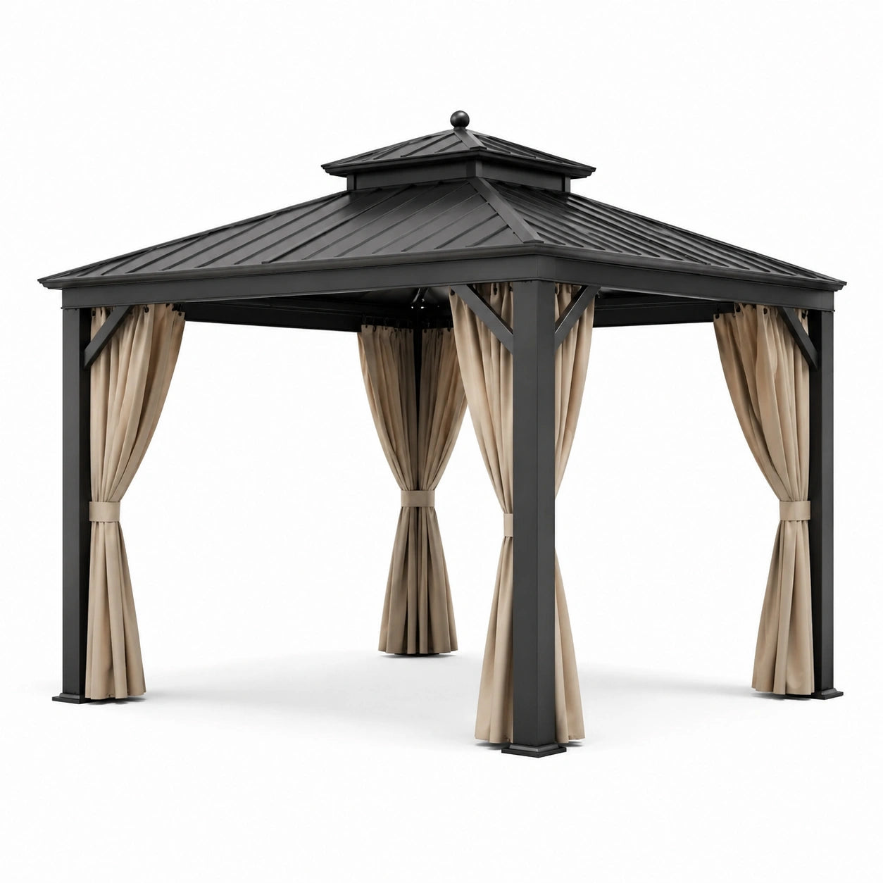 Pavillon en aluminium avec rideaux en tissu beige