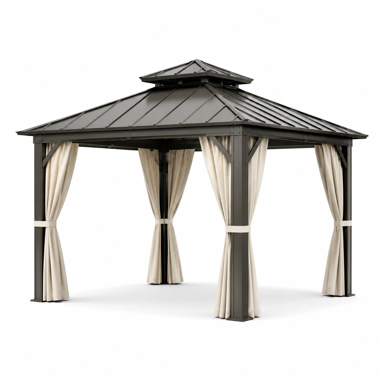 Pavillon en aluminium avec toit en acier et rideaux en polyester beige