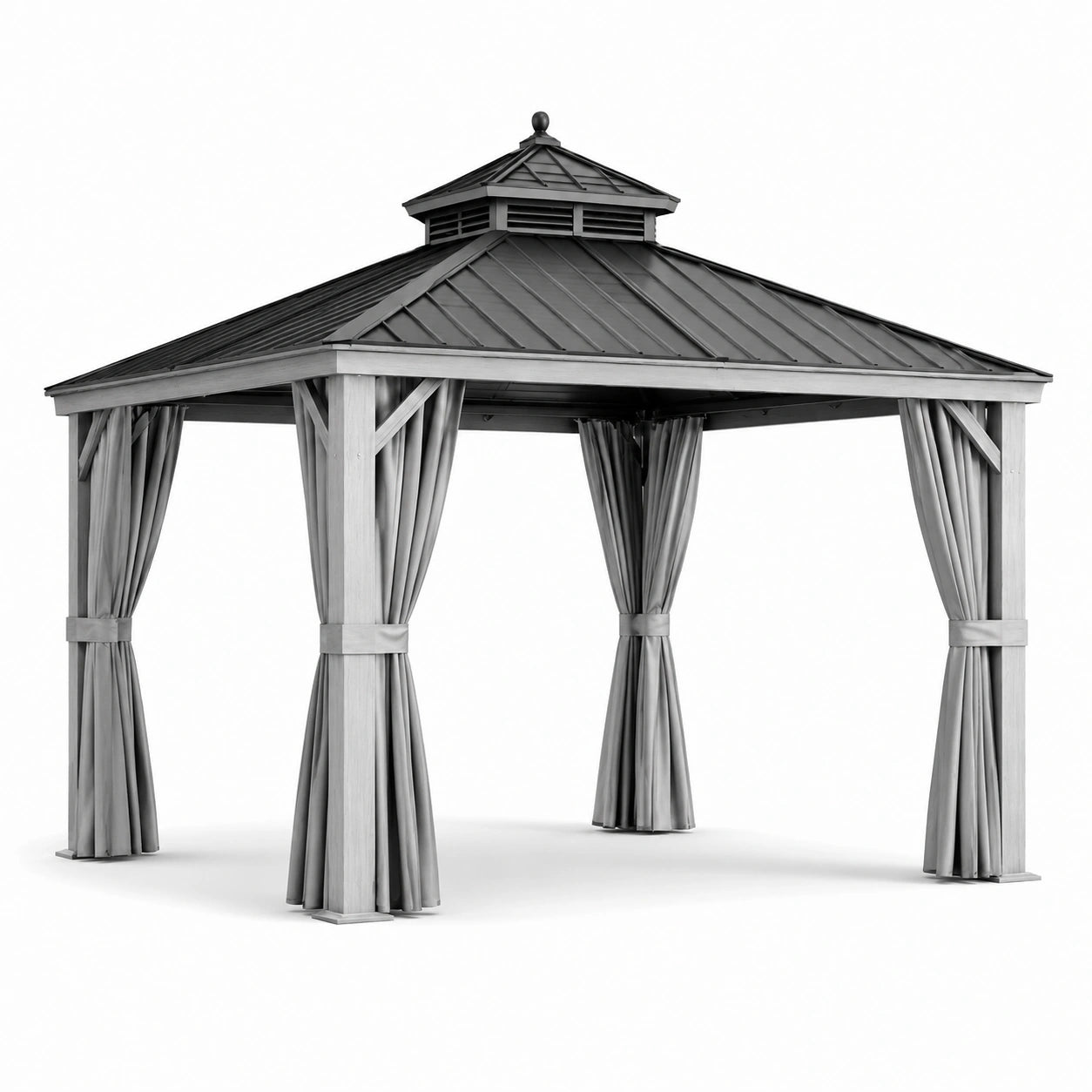 Pavillon en aluminium avec toit en acier et rideaux en polyester gris