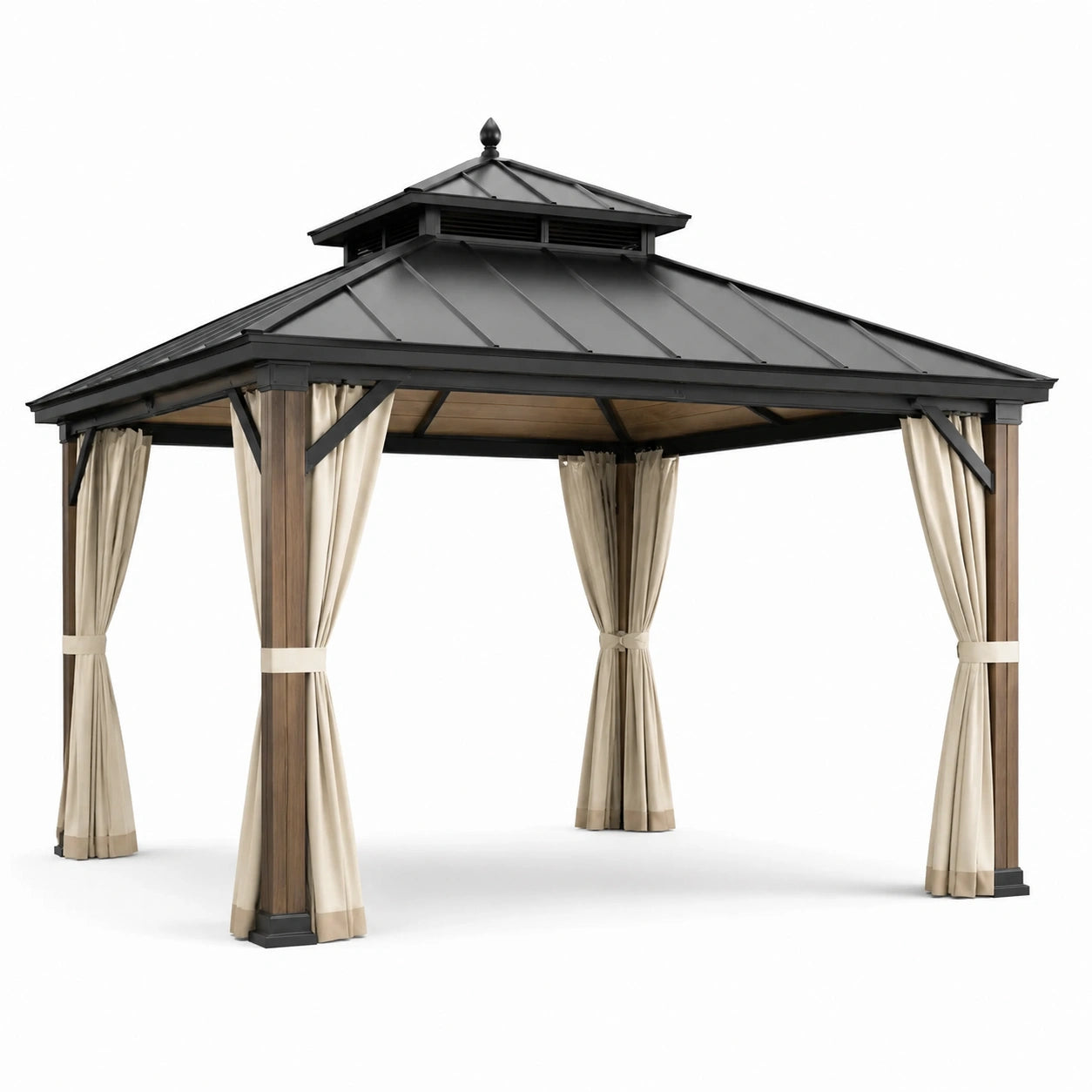Pavillon de jardin en aluminium avec toit en acier et rideaux en polyester