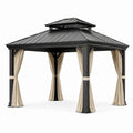 Pavillon de jardin en aluminium avec toit en métal et rideaux, 3x3m, noir et beige
