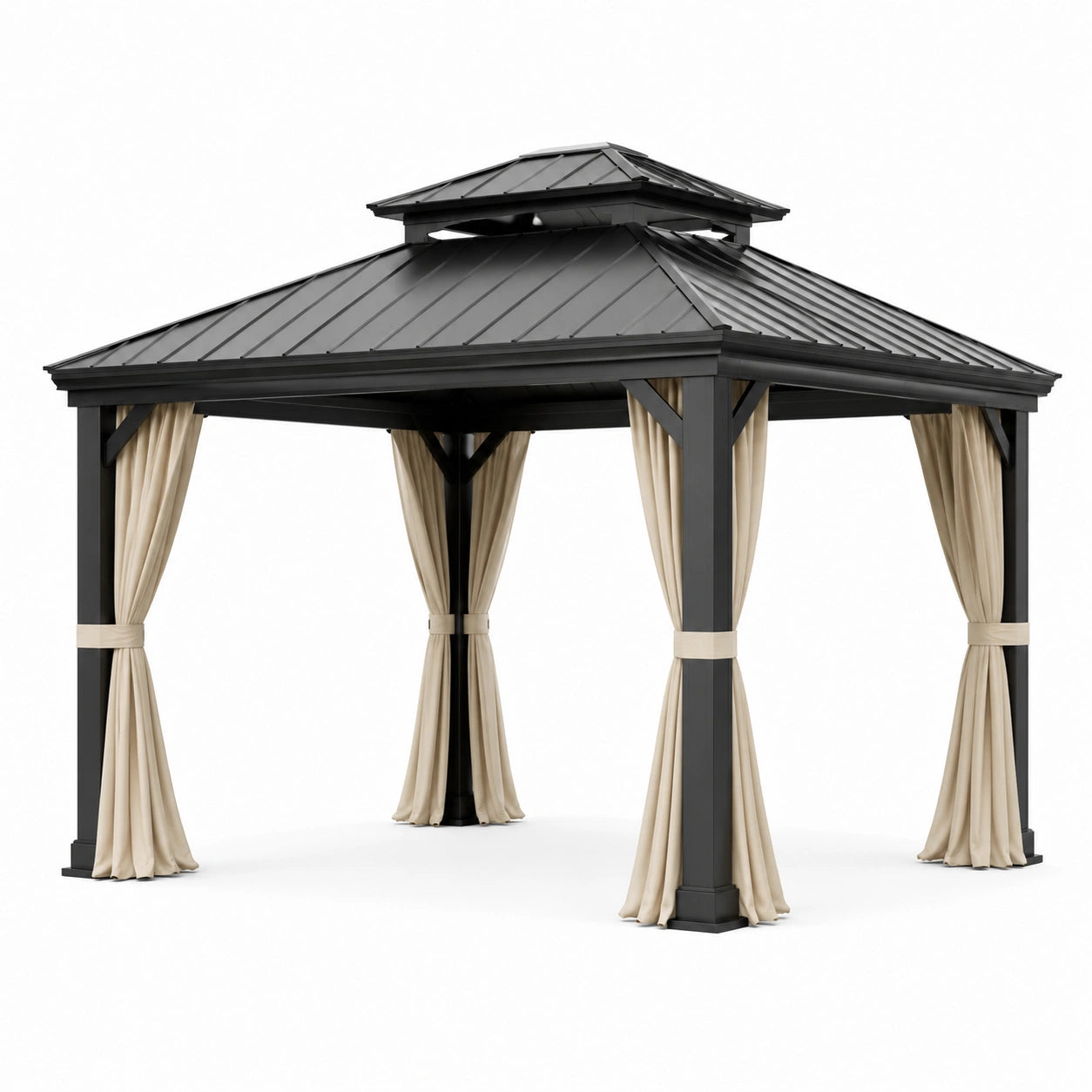 Pavillon de jardin en aluminium avec toit en métal et rideaux, 3x3m, noir et beige