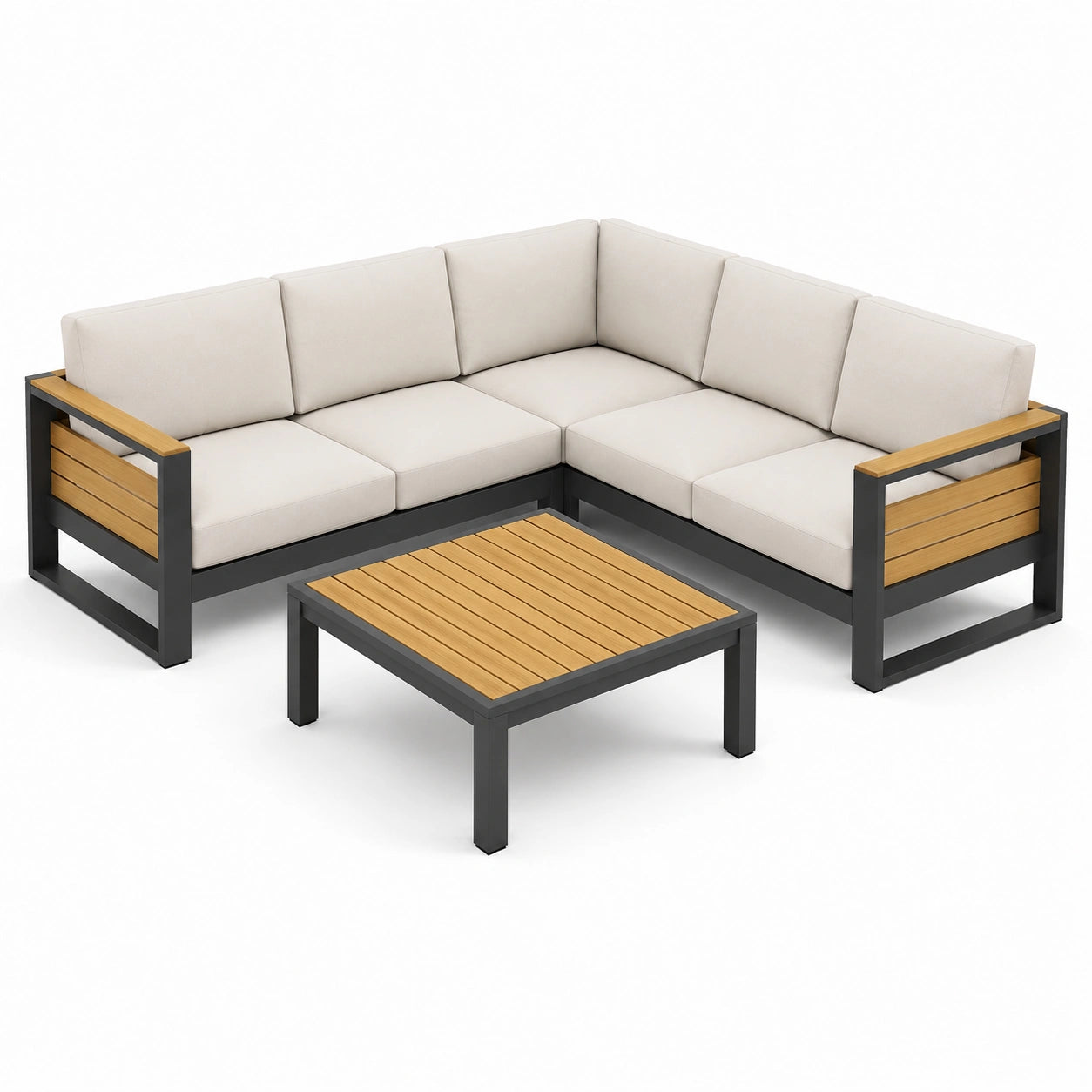 Salon de jardin modulaire en aluminium et bois de teck avec coussins beiges