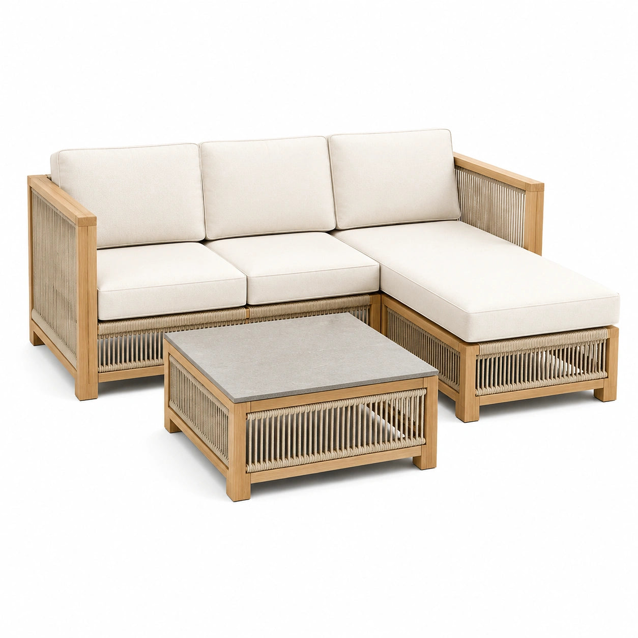Ensemble de salon de jardin en bois avec coussins crème et table basse en céramique