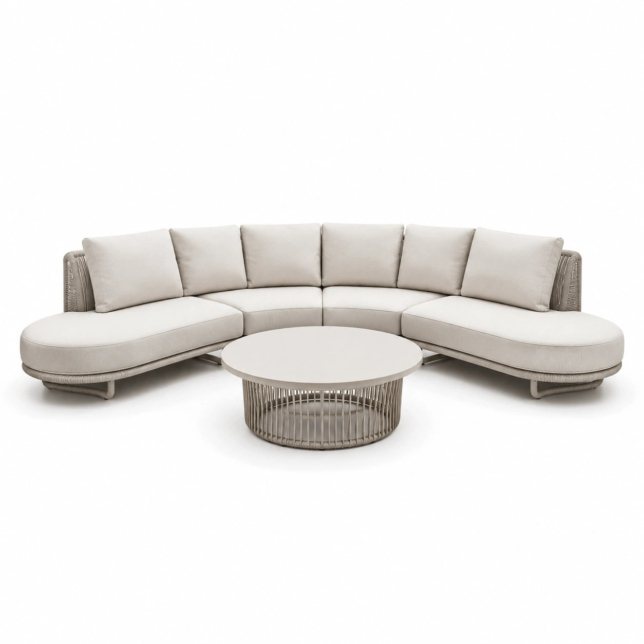 Ensemble de salon d'extérieur en corde tressée avec table basse et coussins beige