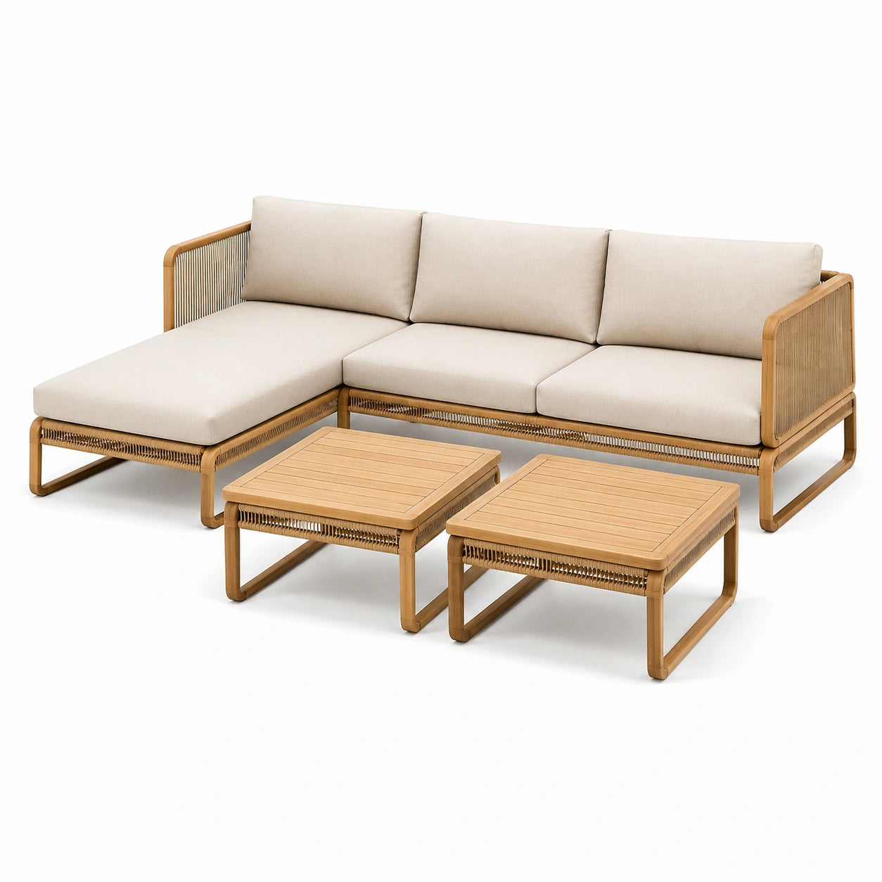 Ensemble de salon de jardin en bois et rotin avec coussins beiges