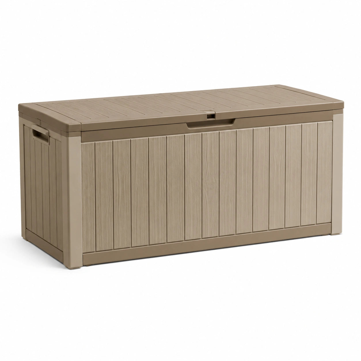 Coffre de rangement en plastique taupe avec panneaux rainurés