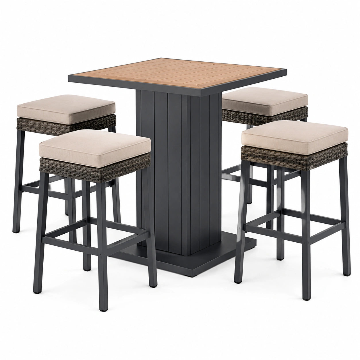 Ensemble table haute en métal noir et tabourets en rotin avec coussins beiges