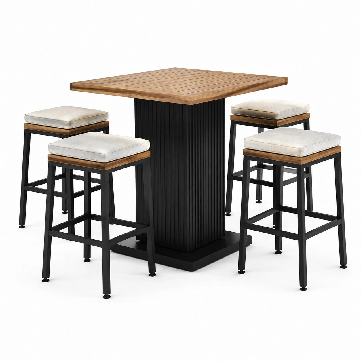 Ensemble table haute et tabourets bois métal noir assise beige
