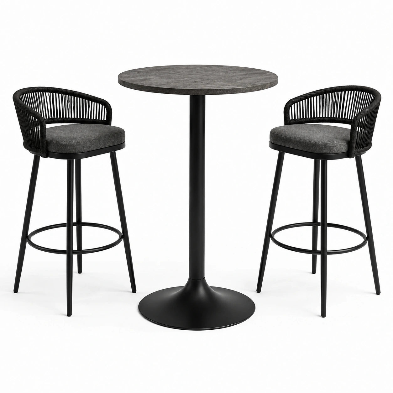 Ensemble de table haute ronde en métal noir et tabourets en polyester gris