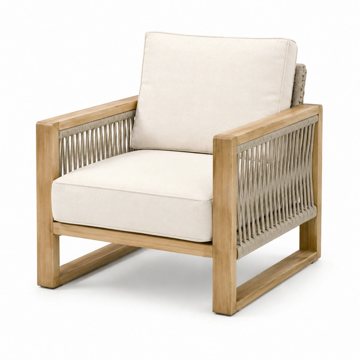 Fauteuil en bois de teck et corde beige