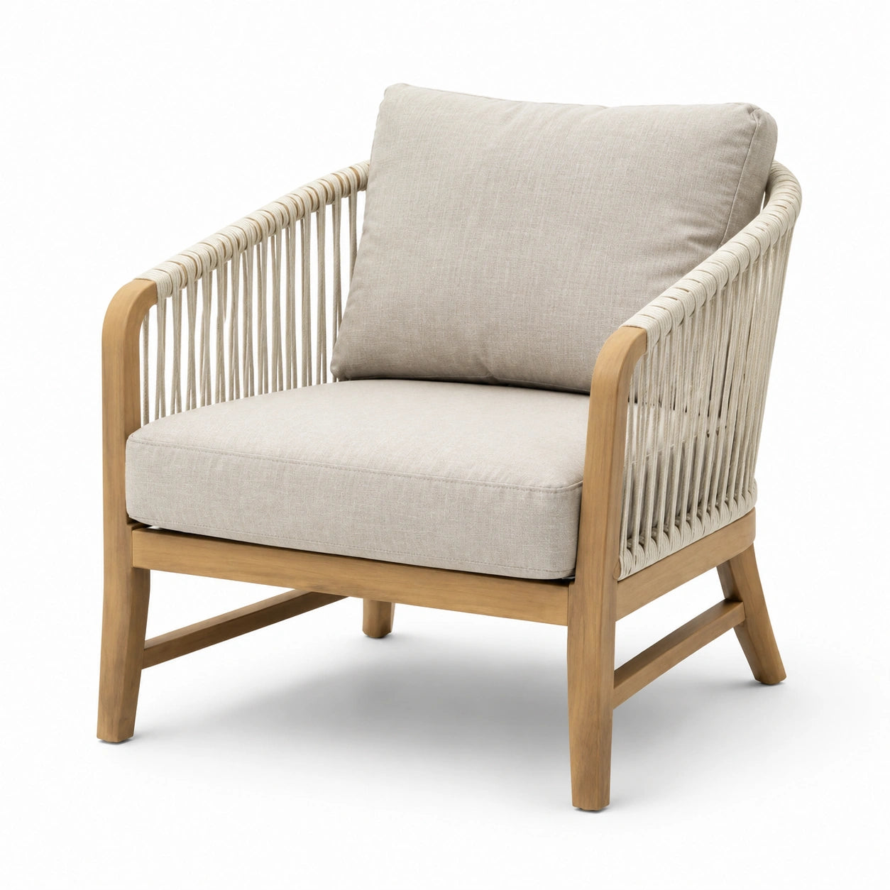 Fauteuil en bois avec coussins en lin beige