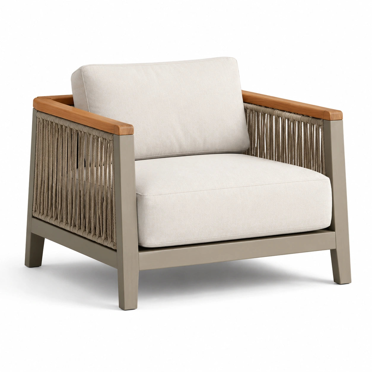 Fauteuil en aluminium avec accoudoirs en teck et corde beige