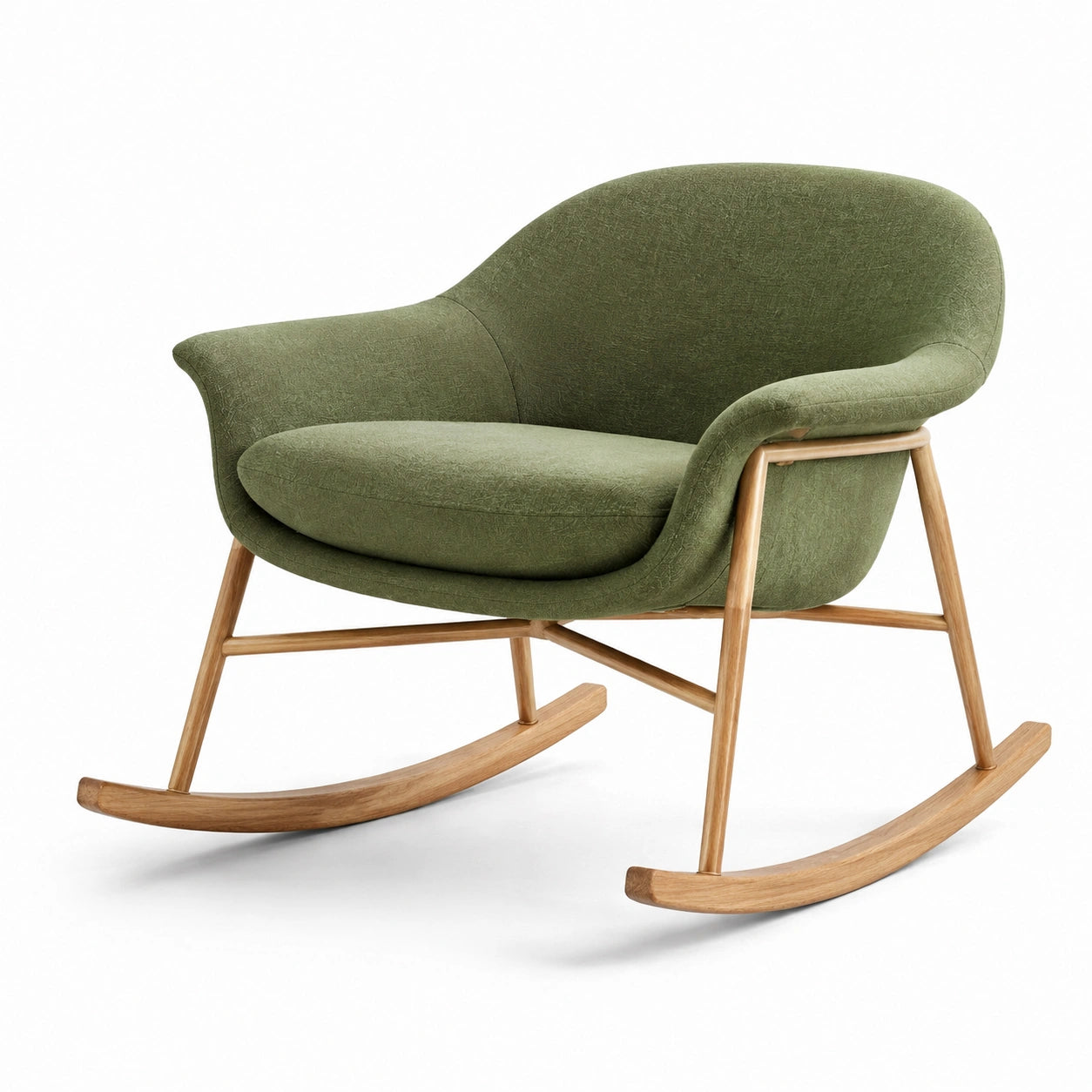 Fauteuil à bascule en tissu vert avec cadre en bois