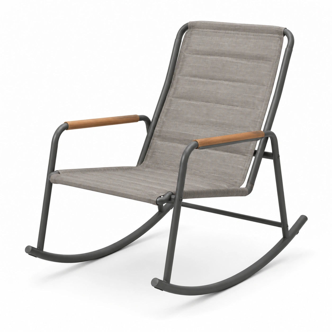 Chaise berçante en métal et tissu polyester gris avec accoudoirs en bois