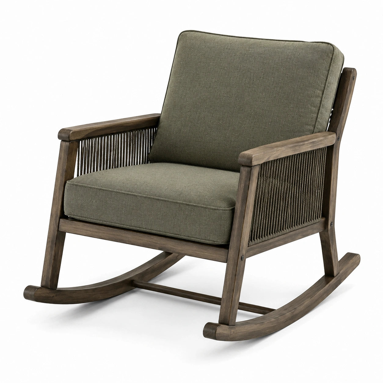 Fauteuil à bascule en bois avec tissu vert olive