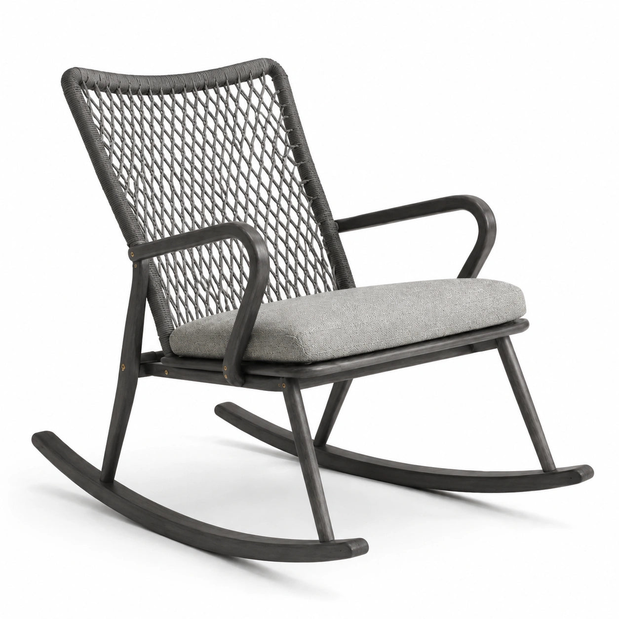 Chaise à bascule en métal et corde grise avec coussin en tissu