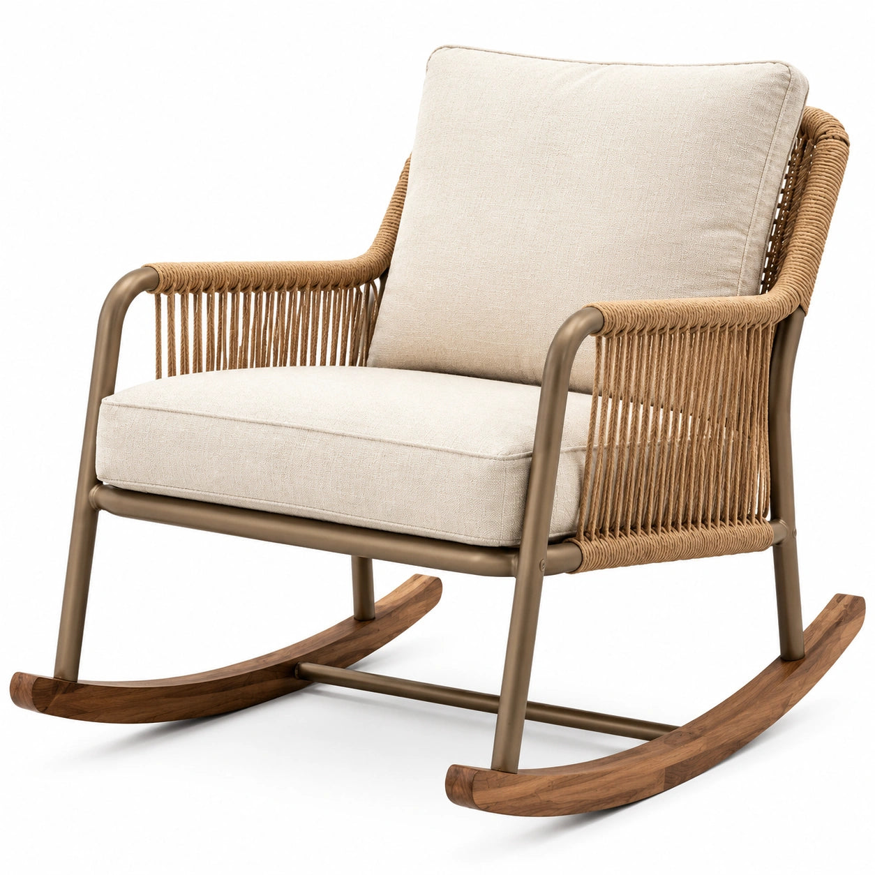 Chaise à bascule en métal et corde avec coussins en tissu beige