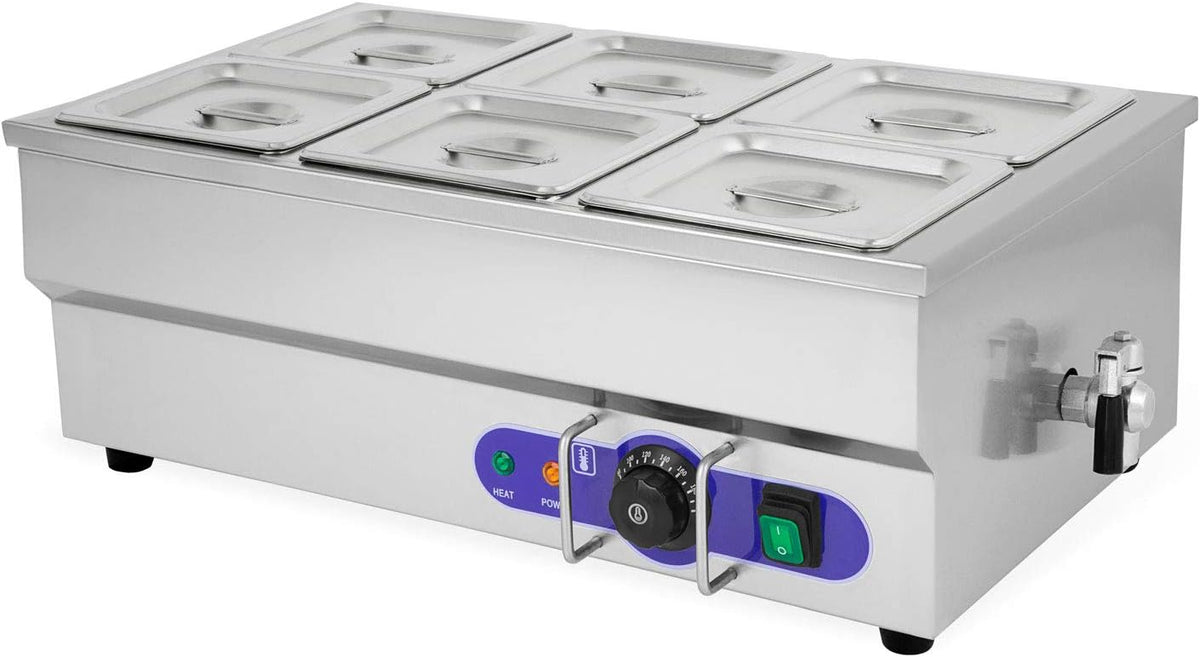 vertes Chauffe-plats, 6x GN 1/6 (hauteur 100 mm), 1500 Watt, 220-240 V / 50 Hz, 1500 W, 4X 1, Argenté, Robinet de Vidange