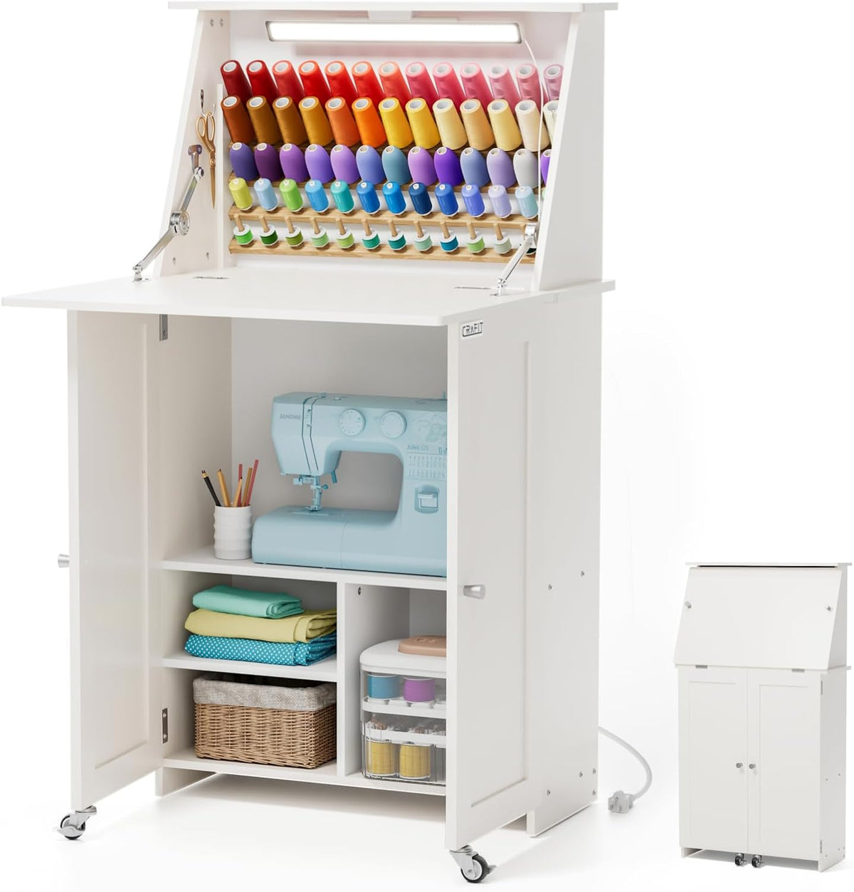 Crafit machine à coudre, Gris, Table à Coudre, Bureau pour avec lumières sous Armoire, Station de Charge, 65 bobines de Fils