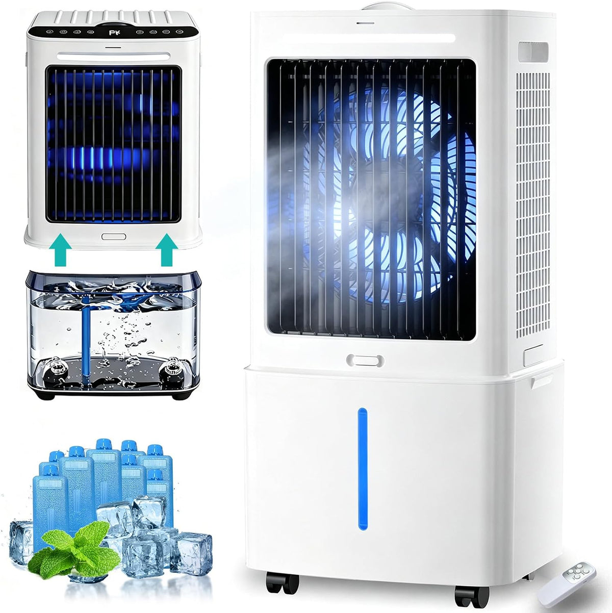 AnYaBinni rafraîchisseur d'air, 63CM, 25 L, Blanc, Portable Sans Tuyau Réservoir Amovible, Refroidisseur Évaporatif 24 Vitesses