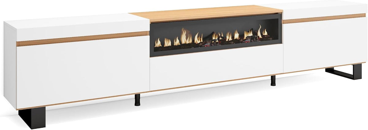 Skraut Home cheminée électrique, 102 cm de large, 21 cm de haut., 34w., 260x57x35 cm, Blanc, Meuble TV, Banc Télé
