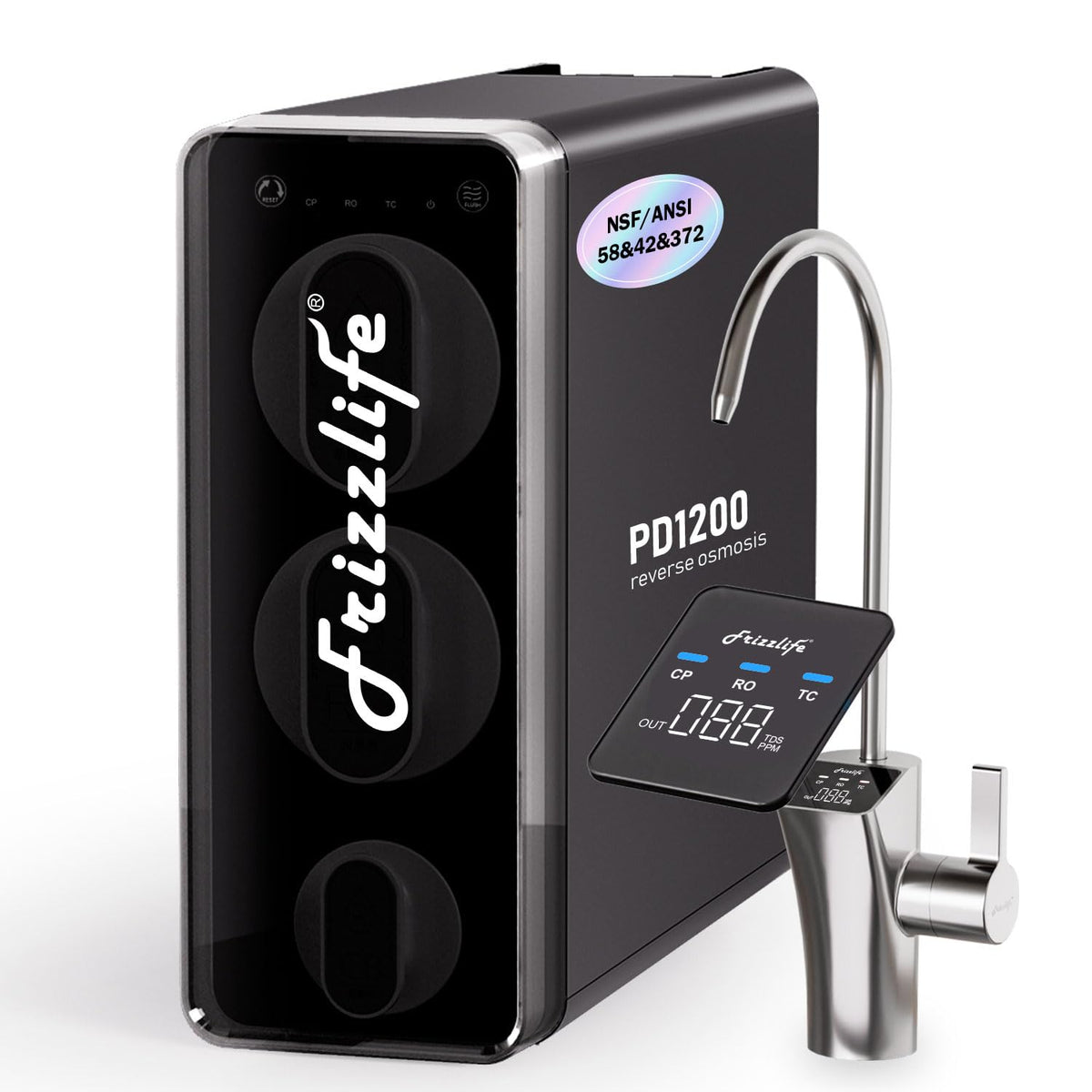 FRIZZLIFE Filtres sous éviers, Noir, Filtre à eau à osmose inverse 1200GPD, NSF/ANSI 42&58&372, système RO sans réservoir à 11 étapes