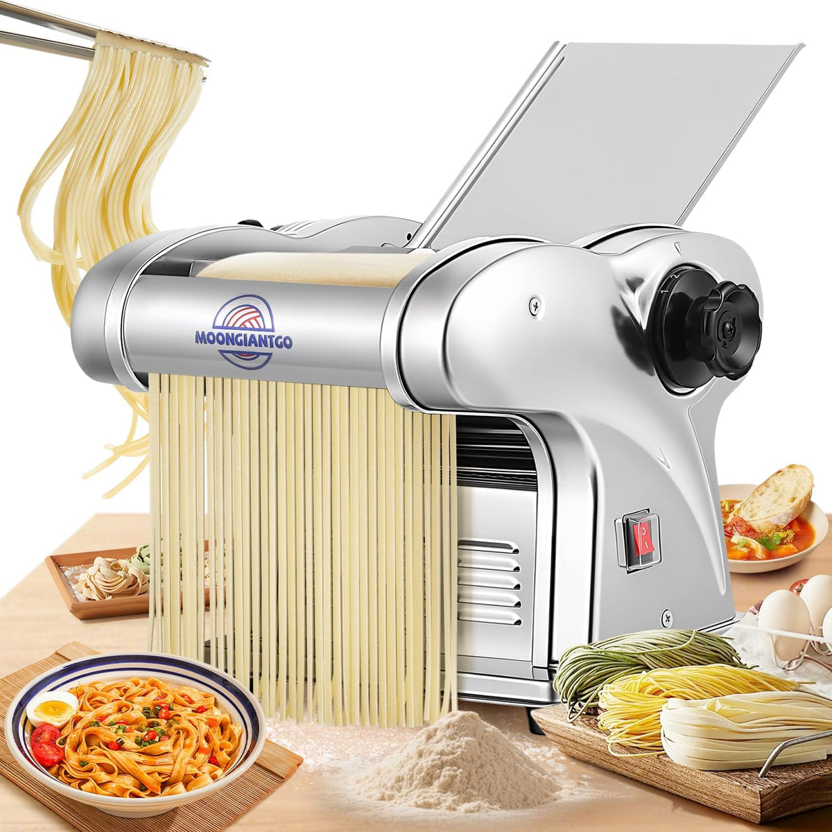 Moongiantgo machine à pâtes, 3 mm, 1.5 mm, 4 mm, 9 mm, Argenté, Électrique, Réglage de 9 Épaisseurs, Acier Inoxydable Laminoir a Pate Fraiche