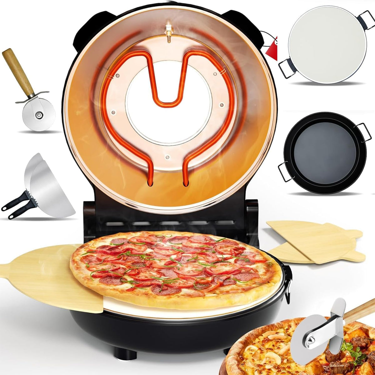 HYQNG four à pizza, 12', Noir, électrique d'intérieur, comptoir de avec pierre à pizza et poêle à griller