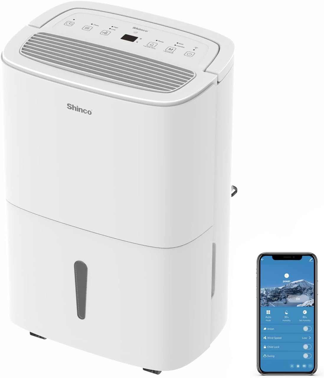 SHINCO déshumidificateur, 50 L, Blanc, WIFI Portable /Jour avec Pompe de Relevage, Purificateur d'air, Filter à Charbon Actif