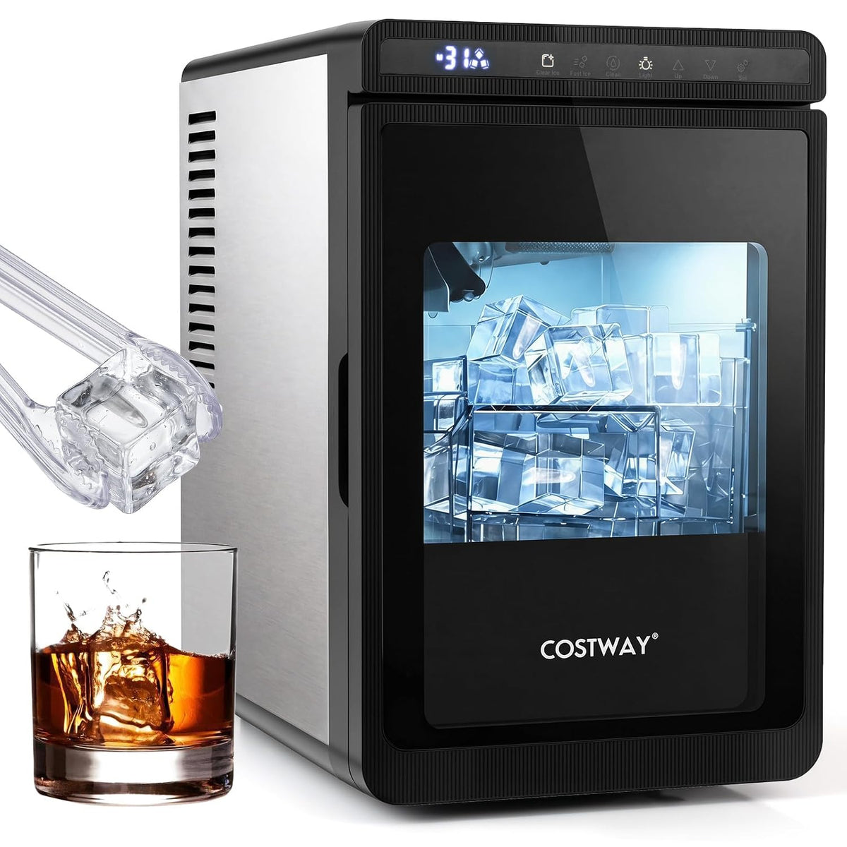 COSTWAY sorbetière, 220-240 V / 50 Hz, ≤42 dB, 12 kg, 4 cm, Argent, Machine a Glacons Transparents de Comptoir