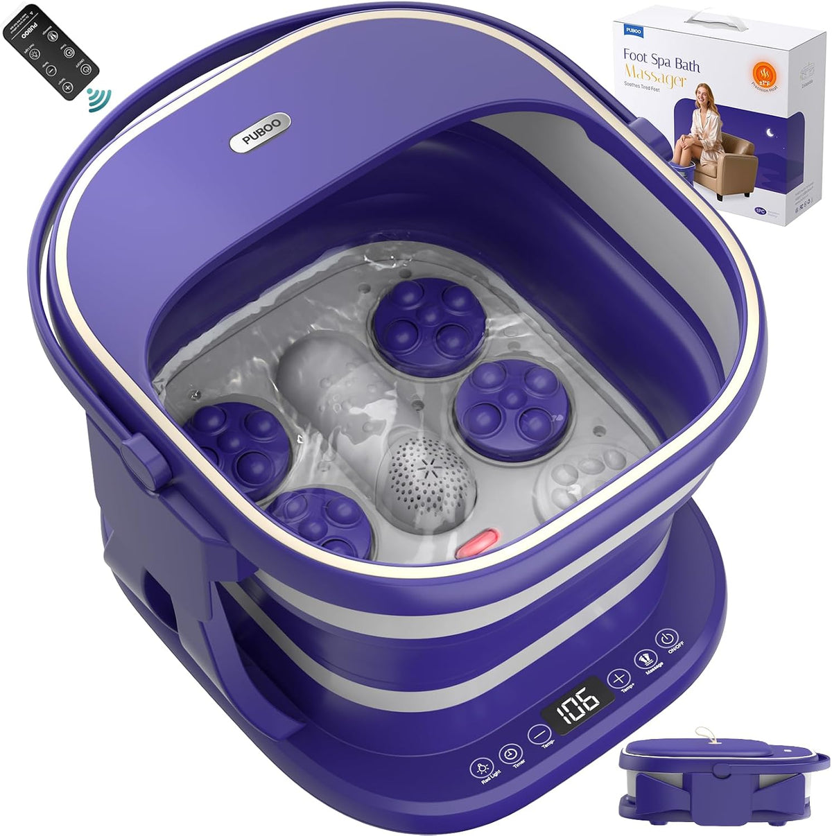 Puboo appareil de massage des pieds, Noir, Masseur de pieds électrique avec télécommande, 16 balles de massage motorisées pour soulager le stress