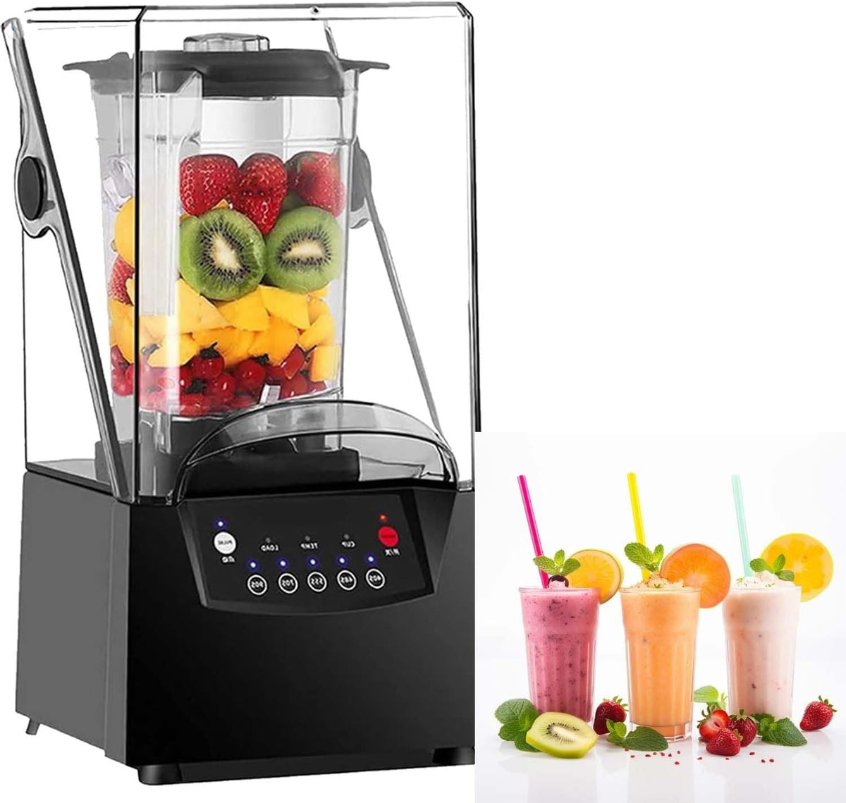 zhenmaster blender, 20x21x58 cm, 2 L (1800 ml), 2200 W, 110 V/220 V, 50Hz, 2 L, Transparent/Argenté, professionnel silencieux avec couvercle