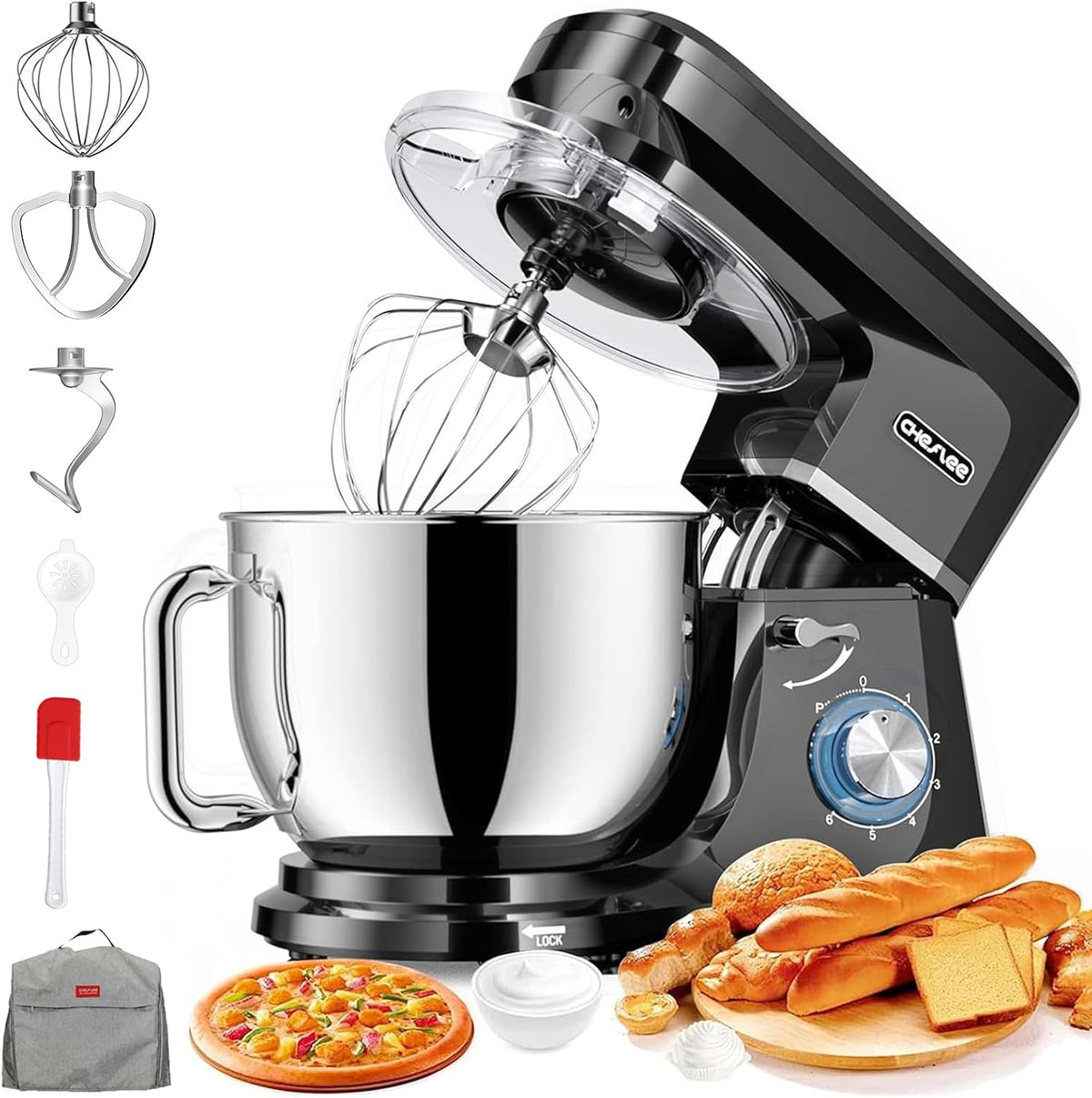 CHeflee robot de cuisine, 2000 W, 8 L, Argenté, Robot Pâtissier Bol d'Acier Inoxydable, Housse anti-Poussière