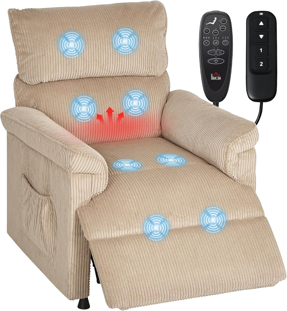 HOMCOM Fauteuils relaxants, Marron, Fauteuil Relax Électrique Massant et Chauffant Velours Côtelé