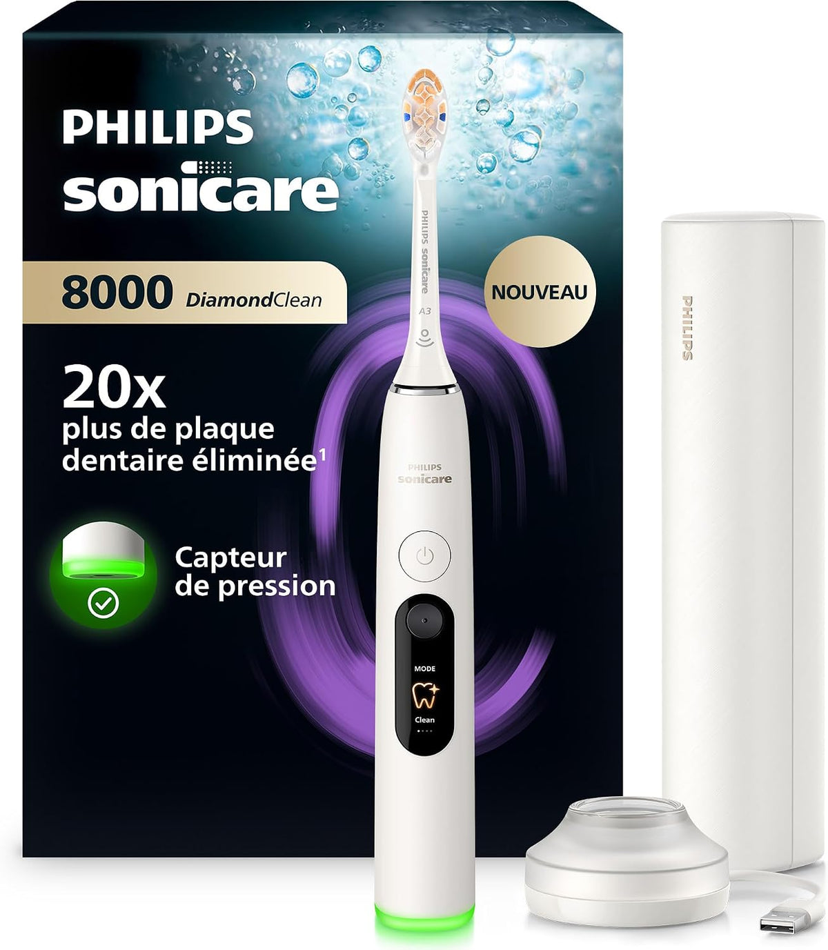 PHILIPS Soniques, Blanc, Sonicare DiamondClean 8000 nouvelle génération, brosse à dents électrique avec capteur de pression