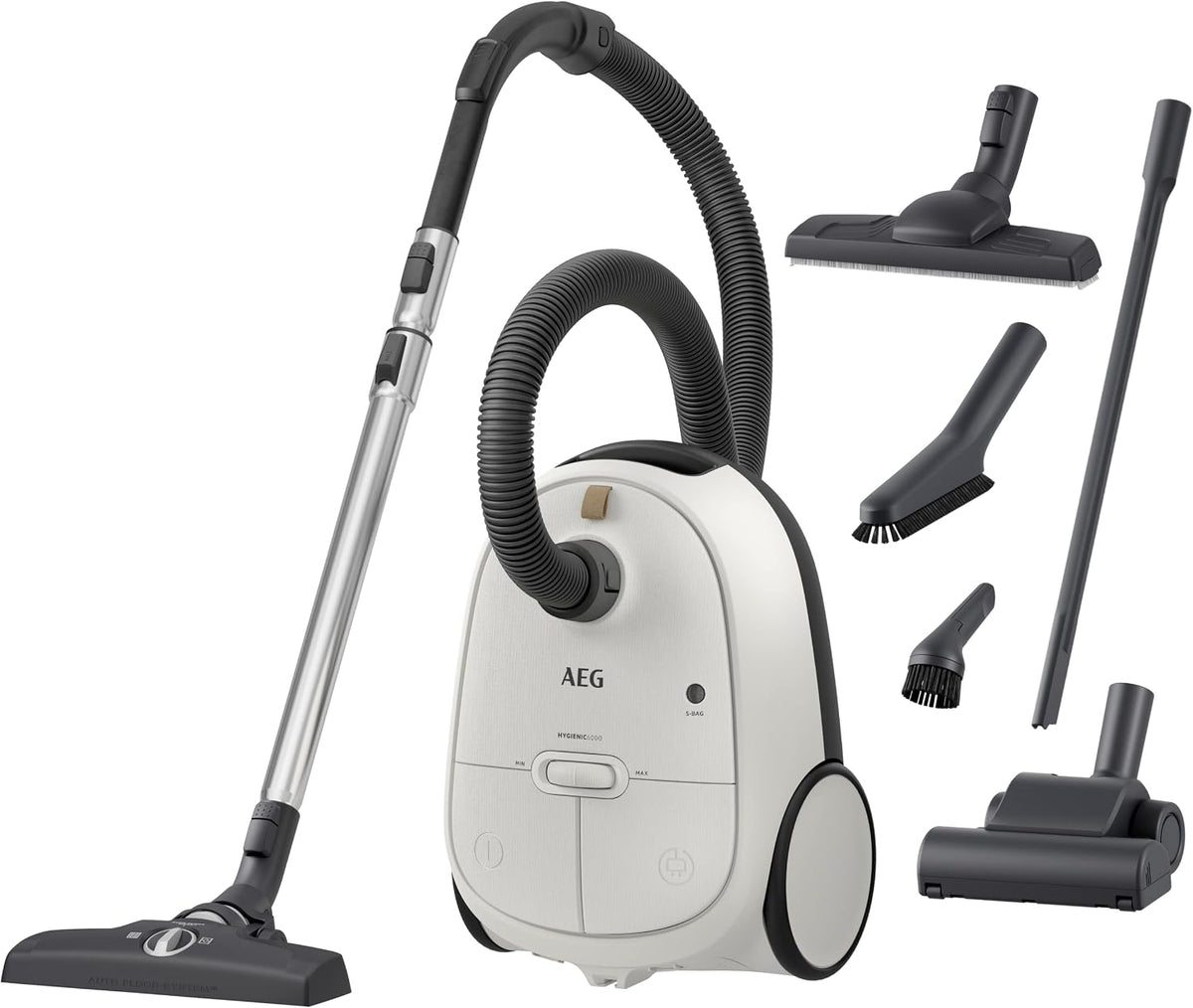 AEG AEG, 12 m, 73 DB, Blanc, Hygienic 6000 Aspirateur avec Sac, Moteur Puissant AB61H6SW, sols durs et Tapis