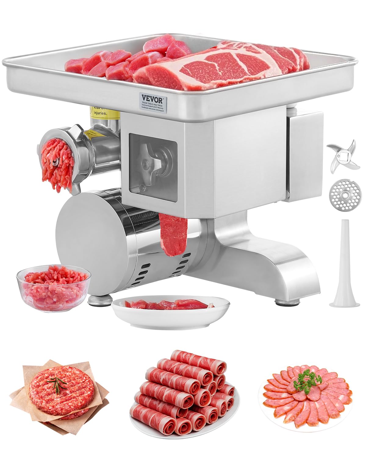 VEVOR trancheuse électrique, 5 kg, Argenté, Hachoir à Viande Électrique avec Capacité de /min, Trancheuse à Viande en Acier Inoxydable