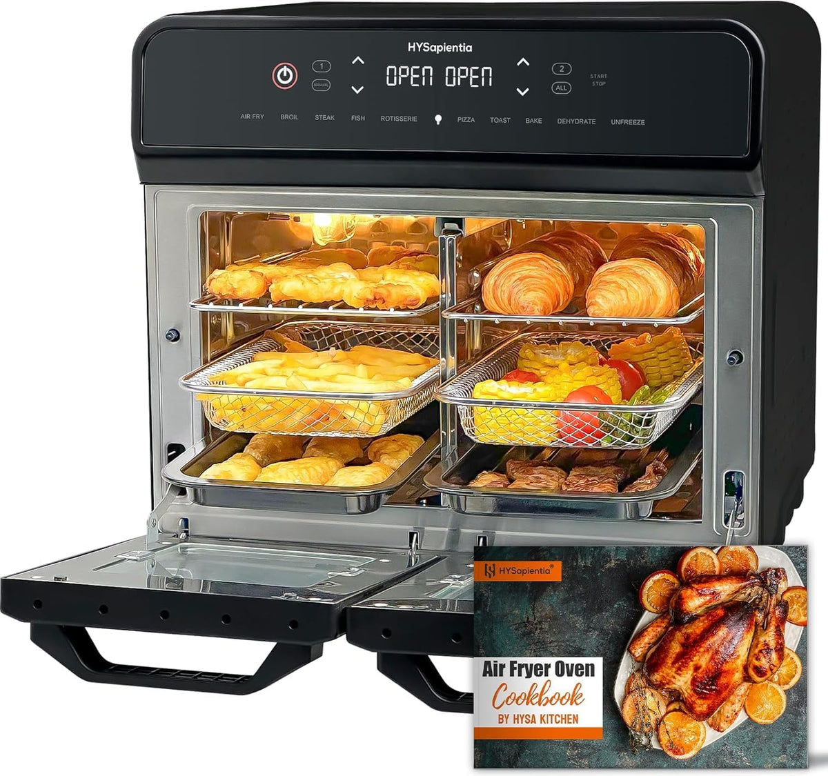 HYSapientia friteuse à air chaud, 22 L, Noir, 2 chambres, mini-four à convection, écran tactile LED, aciers inoxydables