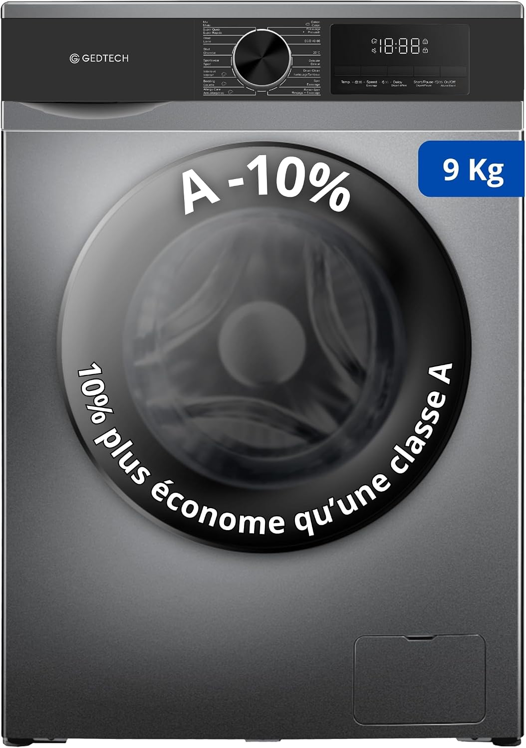 GEDTECH lave-linge, 9 Kg, Gris, Très Faible conso (Dark Grey