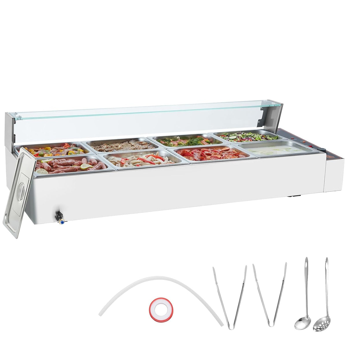 VEVOR Chauffe-plats, 8 x 8 QT / 7 x 7,6 L, 1700 W, 7,6 L, Argenté, Chauffe-Plat Buffet à 8 Bacs, Bain-Marie Électrique