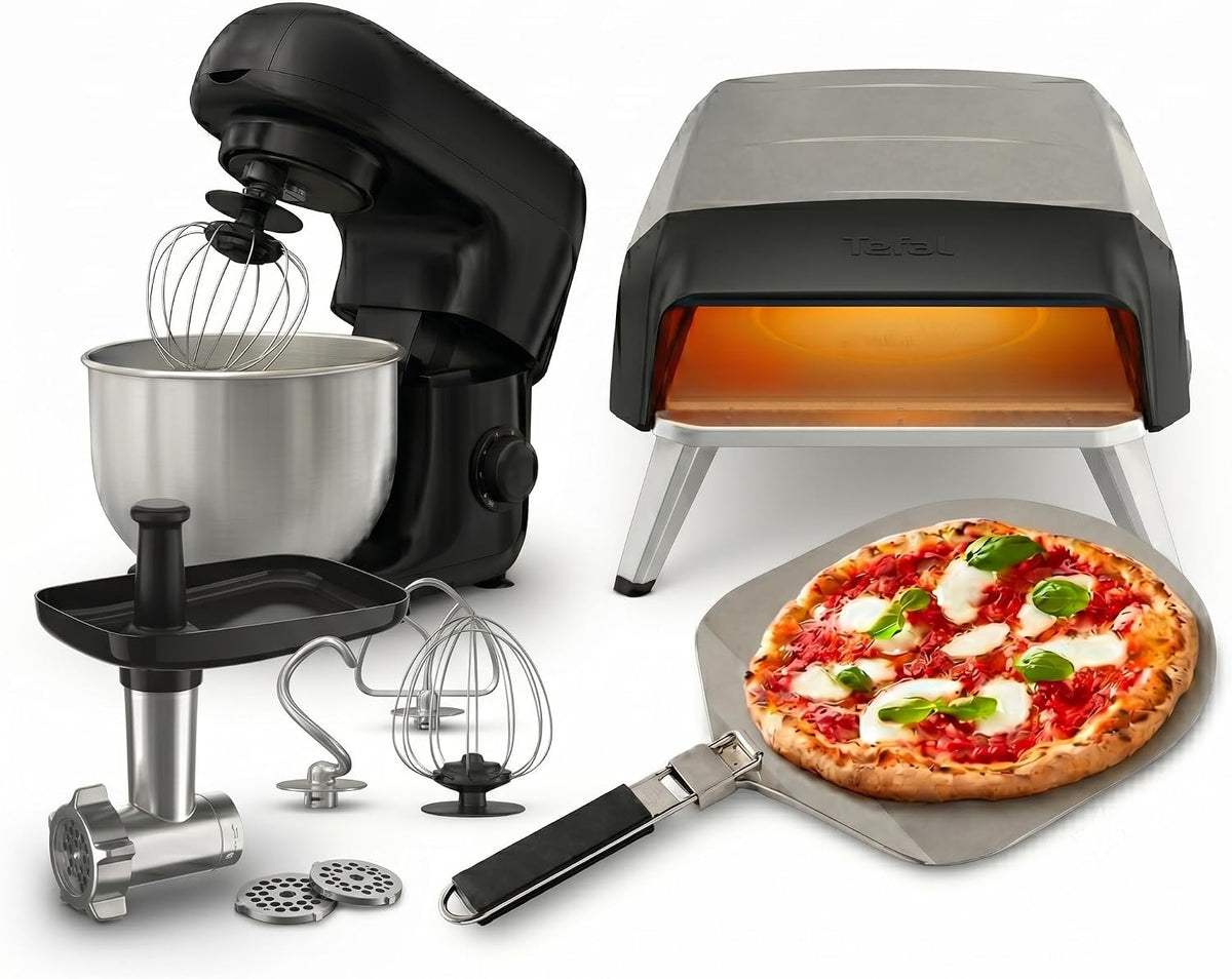 Tefal four à pizza, 800 W, 4,8 L, Noir/Argenté, Lot Pizza Pronto, Pierre rotative 360°, hachoir à viande, pâtisserie