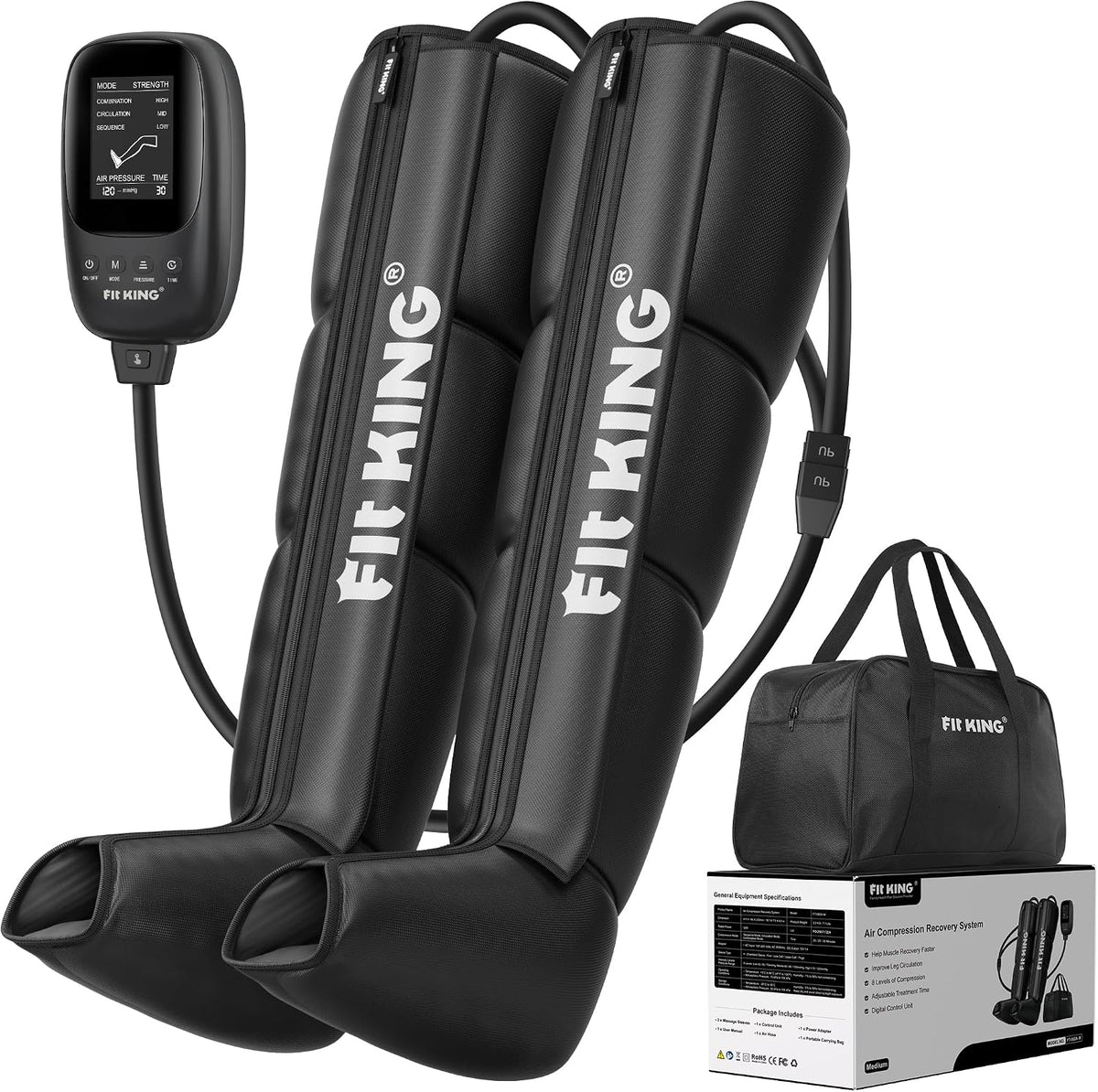 FIT KING appareil de massage des pieds, Noir, bottes pressothérapie jambes, récupération musculaire (M)