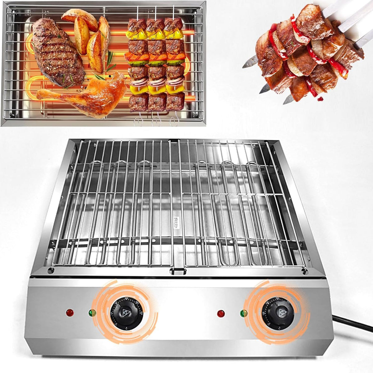 table de cuisson JOSBY, 55 x 55 x 13 cm, 2800 W + 2800 W, 220 V-240 V, Acier inoxydable, Argenté, Barbecue électrique de comptoir