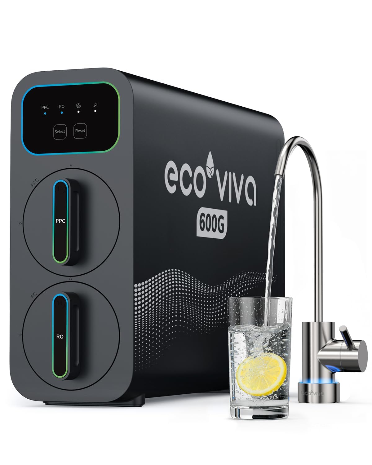Ecoviva Filtres sous éviers, Noir, E6 Filtre à eau par osmose inverse compact et fin, filtre sous l'évier de 600 GPD avec robinet