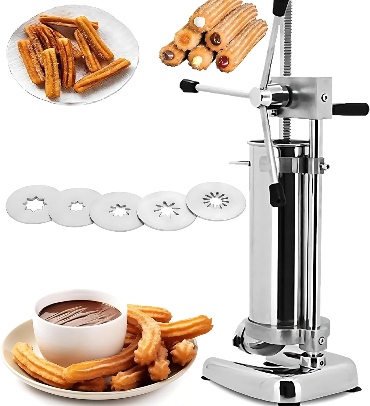 Machine Machines à donuts, 3 L, Argenté, à churros, à donuts verticale manuelle avec 5 buses, en acier inoxydable pour la maison et le restaurant