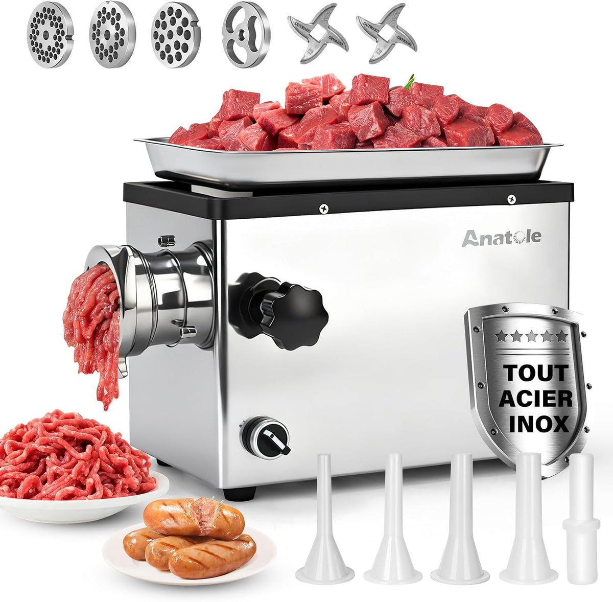 Anatole broyeur, 1100 W, 220 V, Argenté, Hachoir à Viande Électrique Professionnel Acier Inox Intégral, Lavable au Lave-vaisselle
