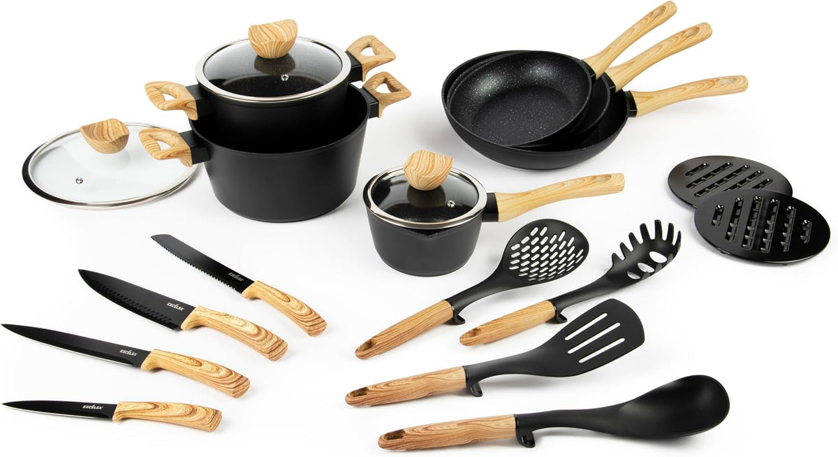 Excelsa batterie de cuisine, Noir, Black Wood Batterie de casseroles 19 pièces, aluminium, revêtement antiadhésif